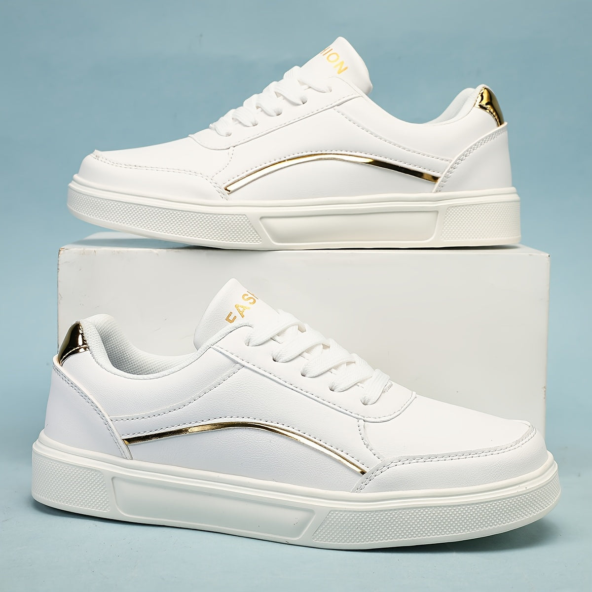 Women's Casual White Low-Top Sneakers with Golden Accents