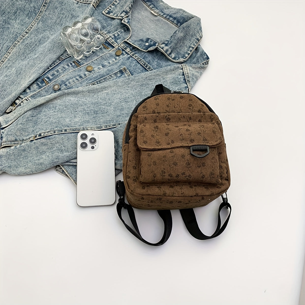 Милый мини-рюкзак из вельвета с цветочным принтом, регулируемыми ремнями и застежкой-молнией