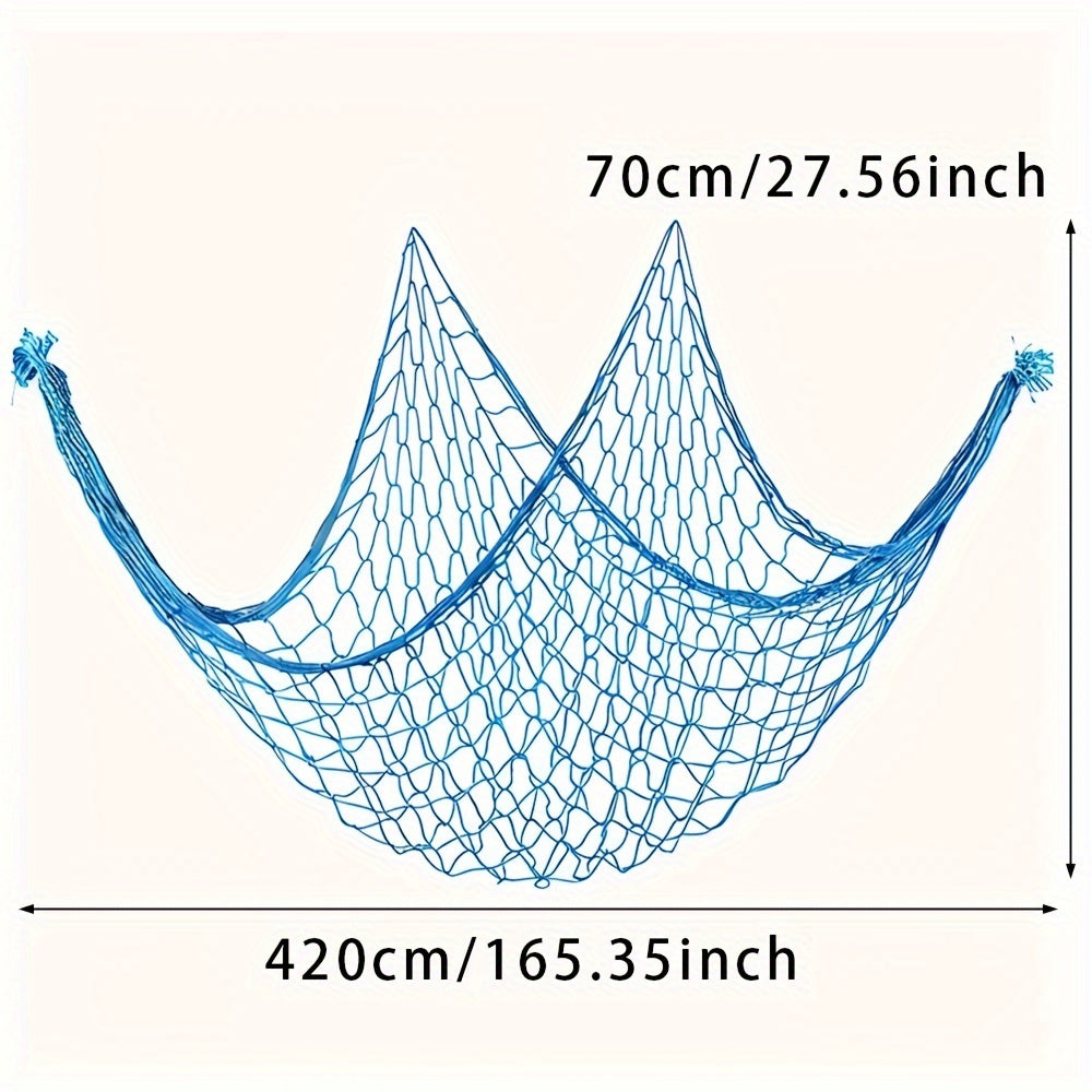 Nautical Blue Fishing Net Wall Decor with Seashells for Ocean-Themed Events