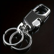 Men Metal Car Keychain with One-Touch Opening and Leather Key Ring