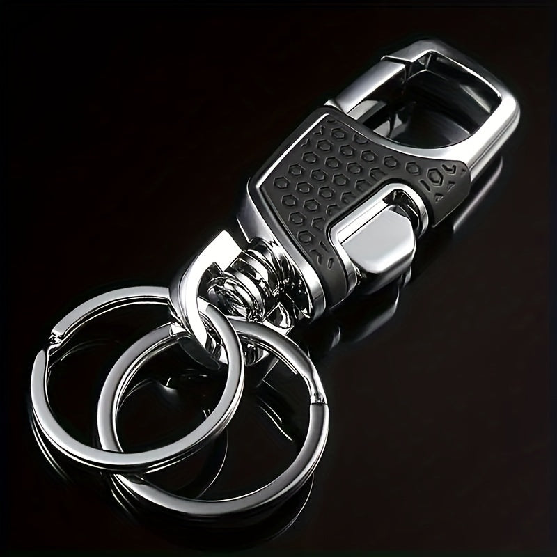 Men Metal Car Keychain with One-Touch Opening and Leather Key Ring