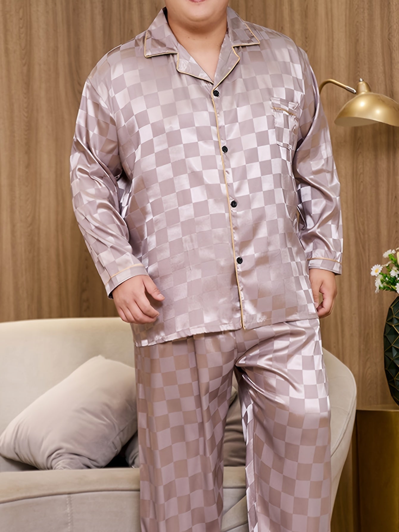 Conjunto de pijama de jacquard a cuadros casual para hombre, con camisa de manga larga y pantalones de cintura elástica, para todas las estaciones, tallas grandes