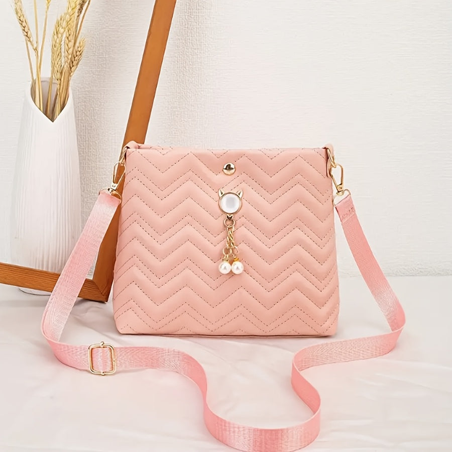 Women's Quilted Crossbody Bag with Chevron Pattern Pearl Pendant and Gold Accents in Multiple Colors
