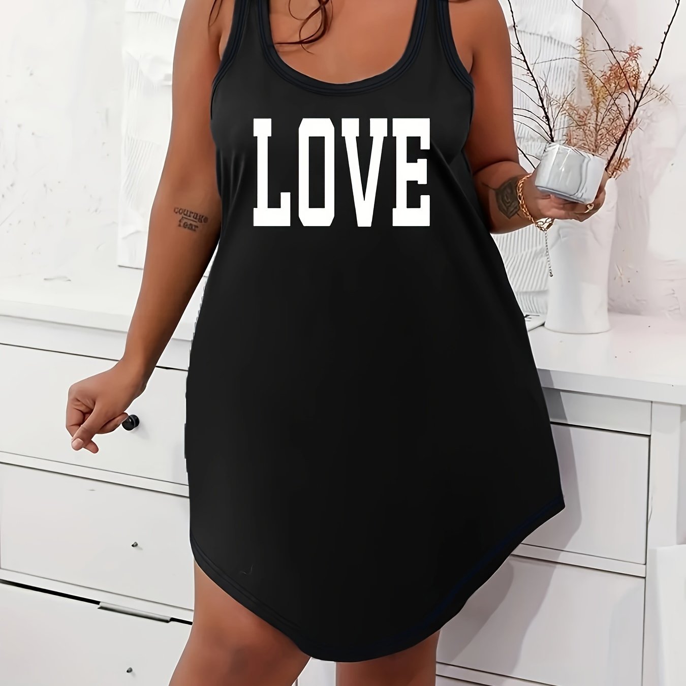 Plus Size Women's Cotton Lounge Dress Scoop Neck Racerback Home Wear