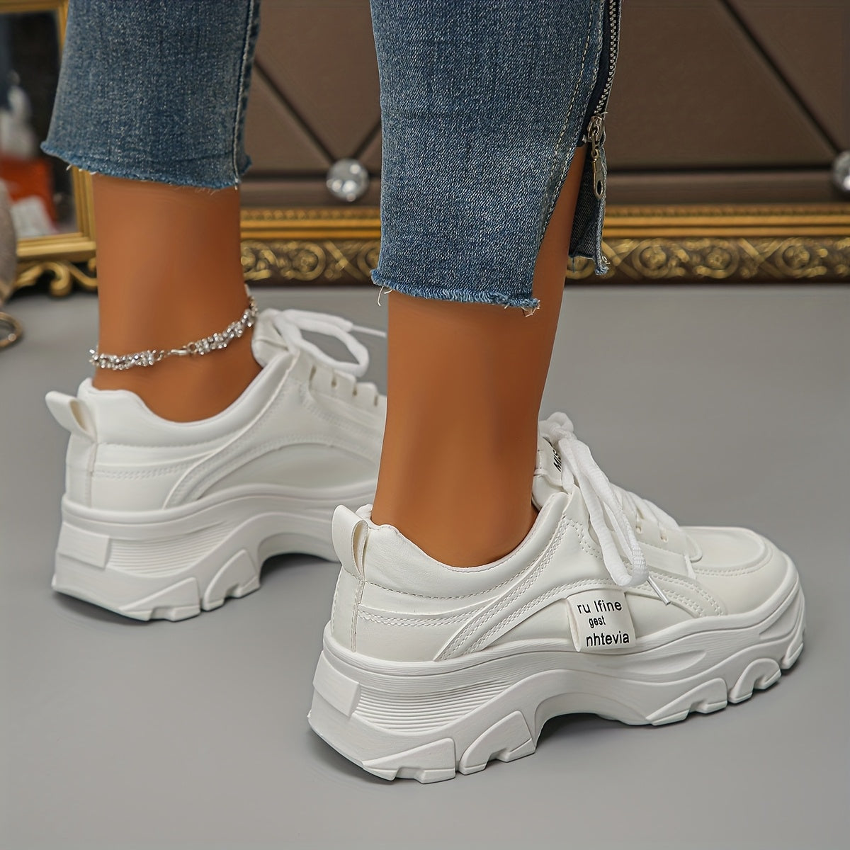 Women's White Casual Sneakers With Thick Sole and Rubber Outsole