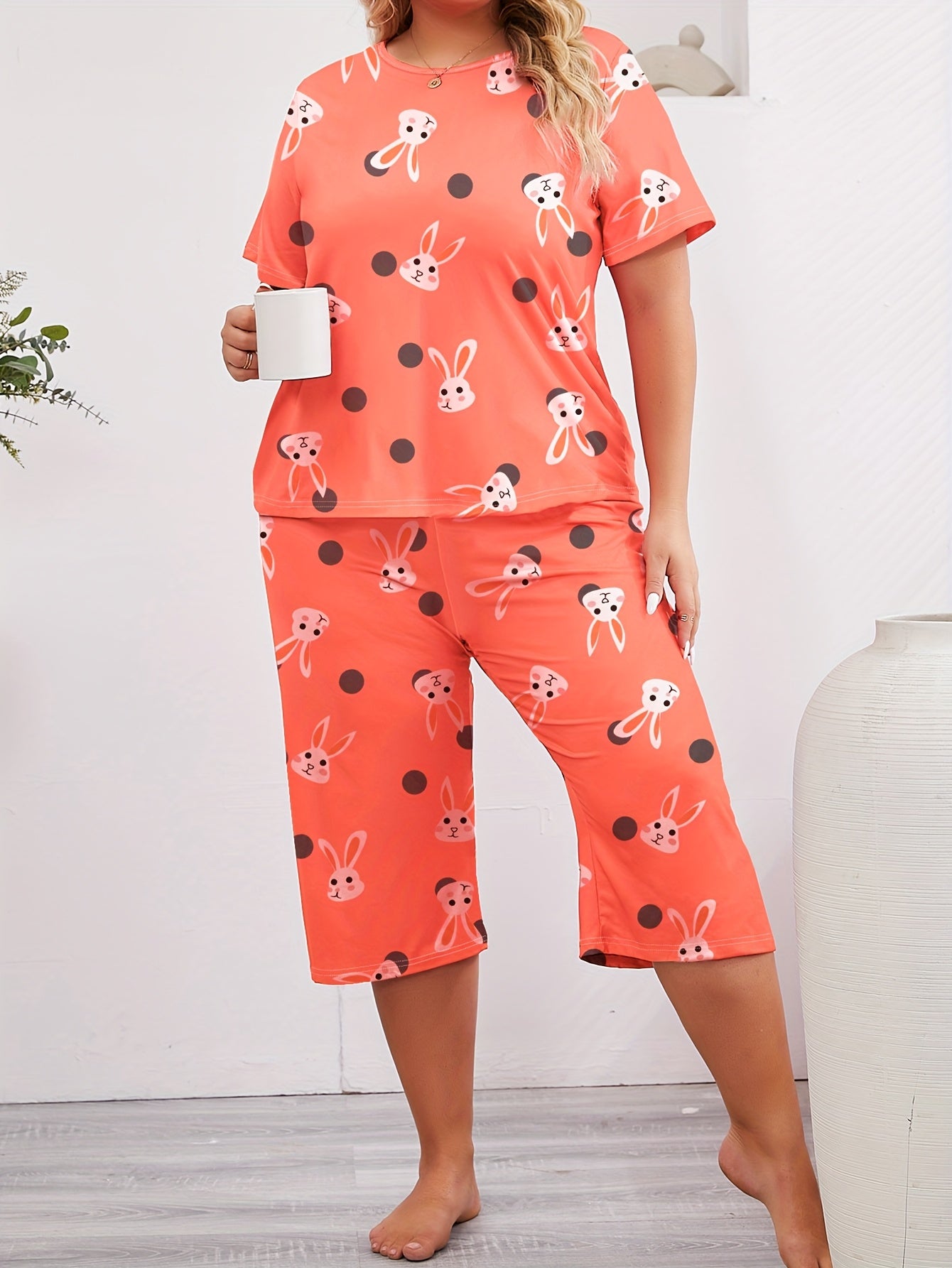 Women's Plus Size Pajama Set Shorts Sleeve Lounge Wear Capri Pants