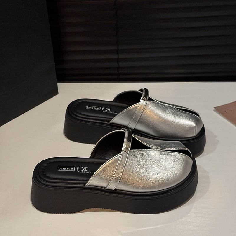 Women’s Mules Summer Casual Shoes Platform Heel Round Toe Black Solid