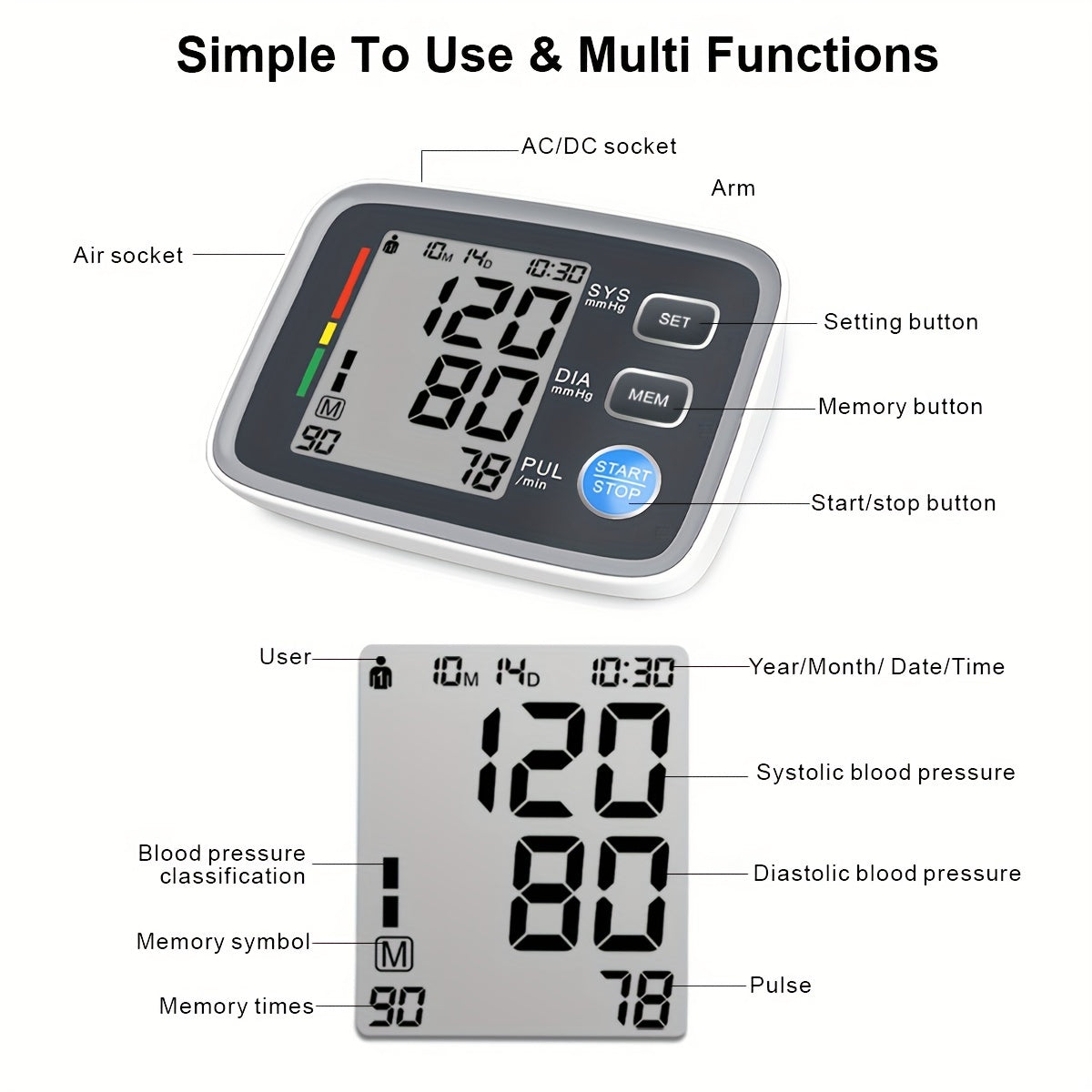 Digital Blood Pressure Monitor with Upper Arm Cuff 22.1-43.18cm for Home Use