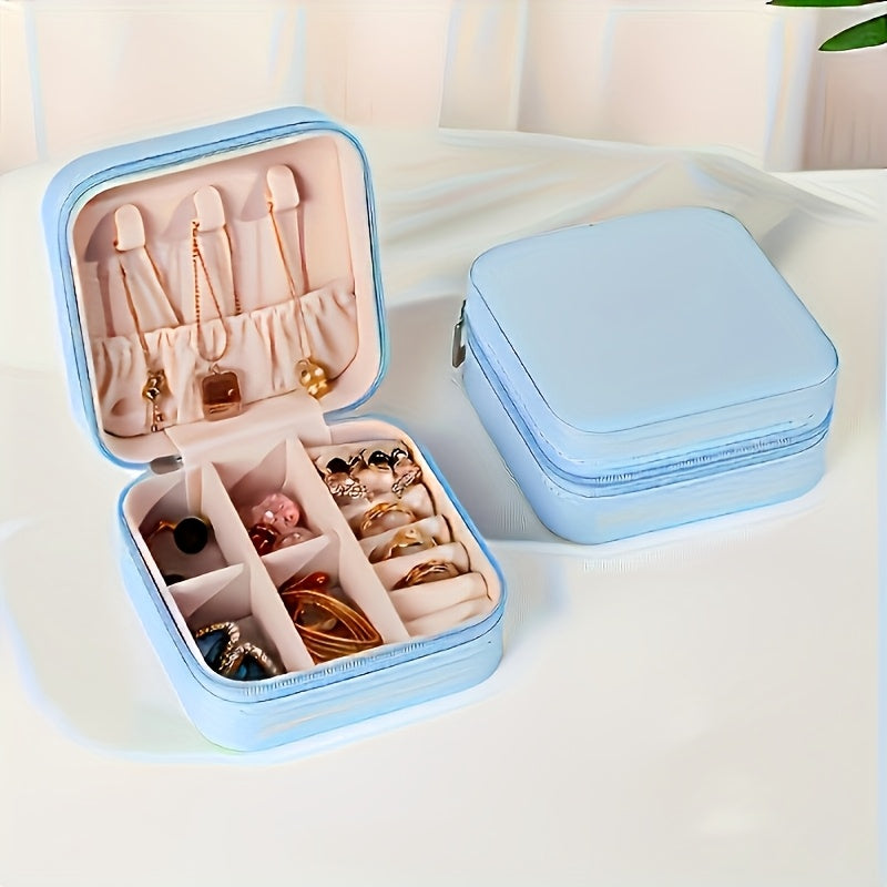 Faux Leather Jewelry Organizer Box for Travel with Compartments and Snap Closure