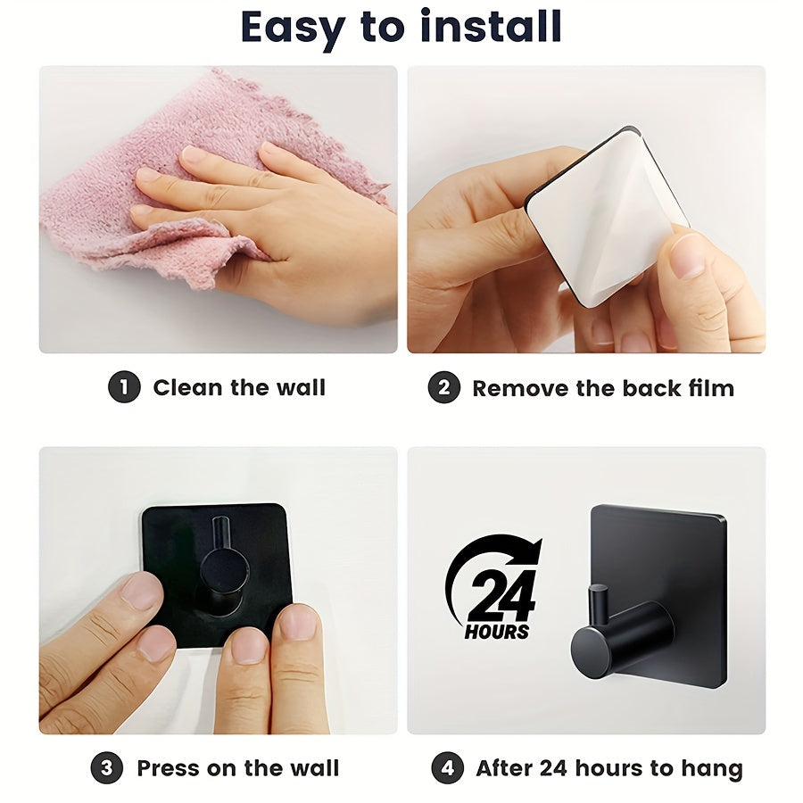 Black Stainless Steel Matte Towel Hooks Heavy Duty Adhesive Bathroom Kitchen Robe No Punching