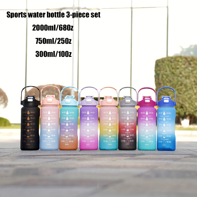 Set of 3 Sports Water Bottles with Time Marker Leakproof One-Click Open Lid for Fitness and Outdoor Activities