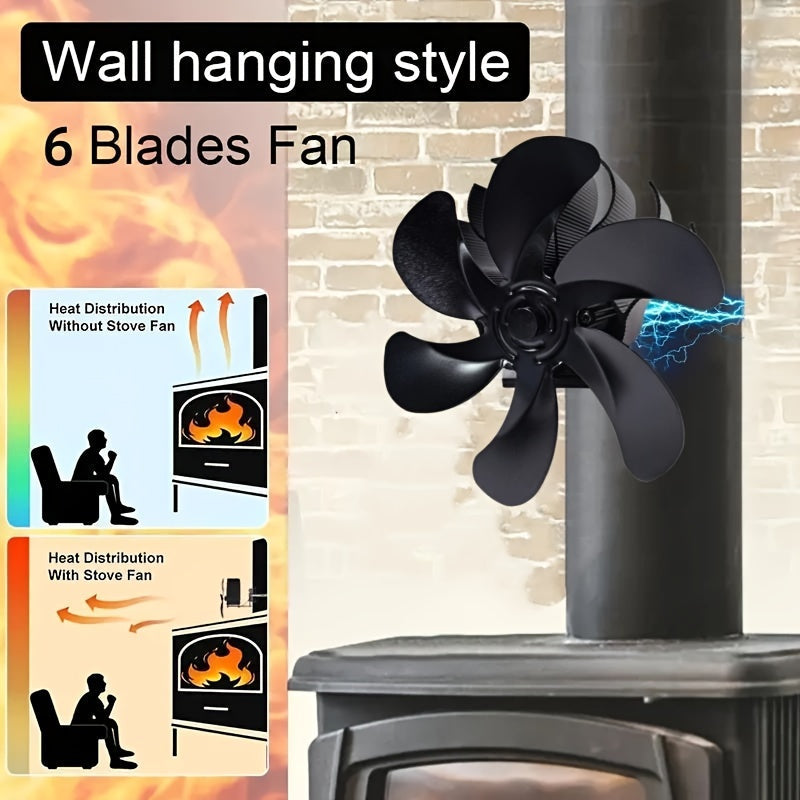 Wood Stove Fan 6 Blades Magnetic Flue Mount Non-Electric Heat Powered