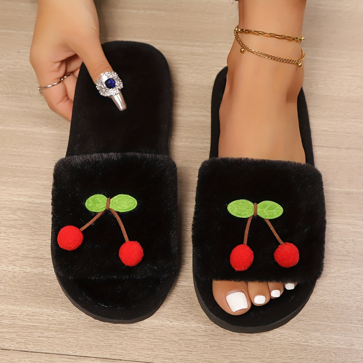 Women's Cherry and Green Leaf Slip-On Slippers, Soft EVA Sole, Indoor Outdoor