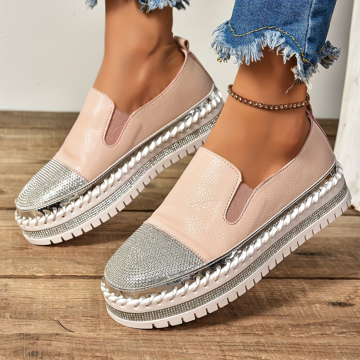 Women's Glitter Flats, Solid Color Slip-On Loafers, Comfortable Platform Shoes
