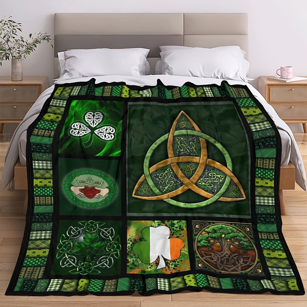 Flannel Fleece Blanket with Celtic Triquetra and Clover Motifs Green Black Seasonal Comfort