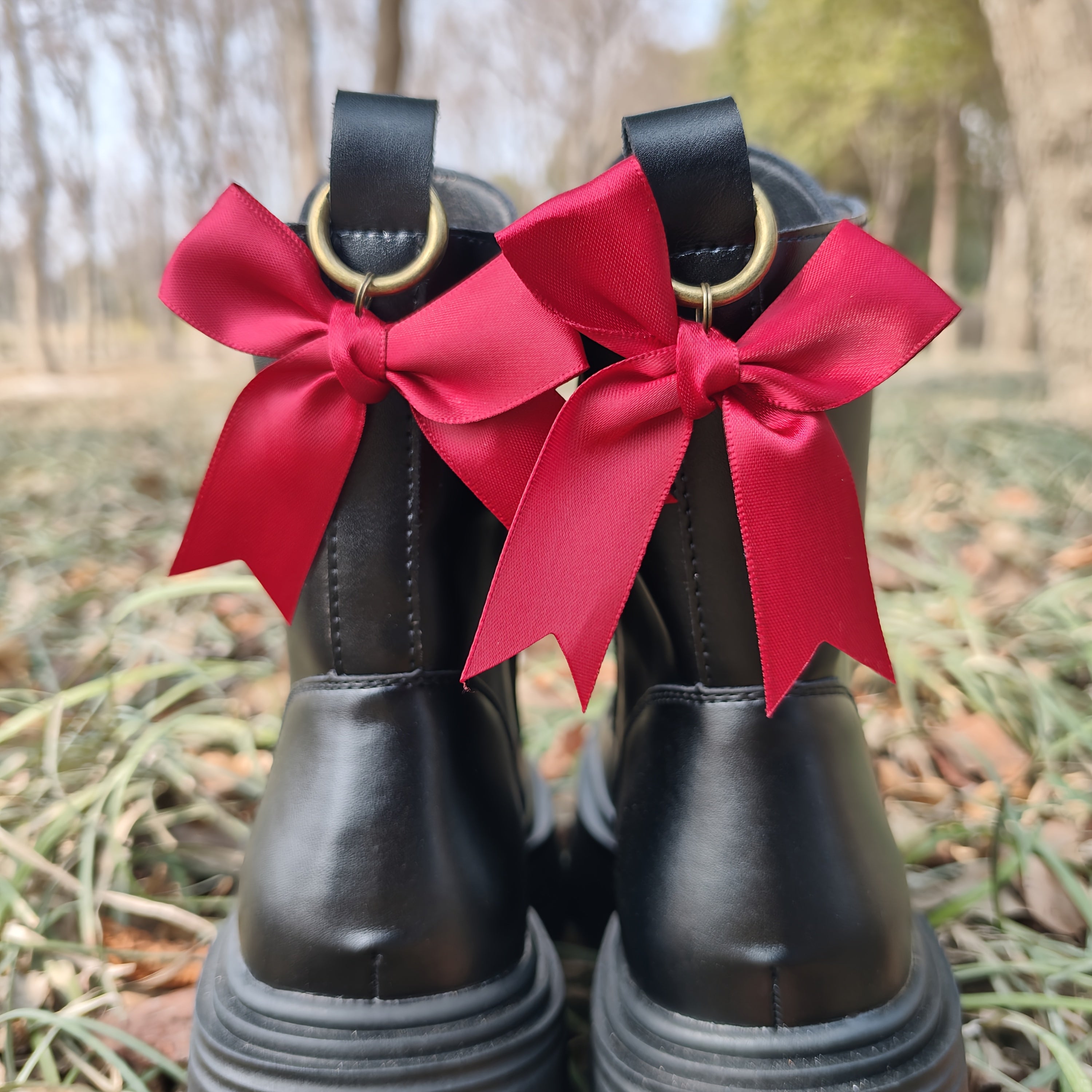 Women Girls Black Pink Satin Bow Shoe Charms Footwear Accessories 2 Pcs