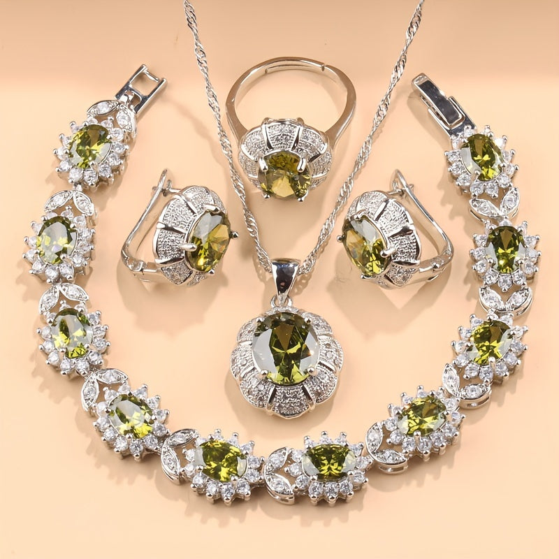 Women's Jewelry Set with Necklace Earrings Ring and Bracelet Silver Plated Cubic Zirconia