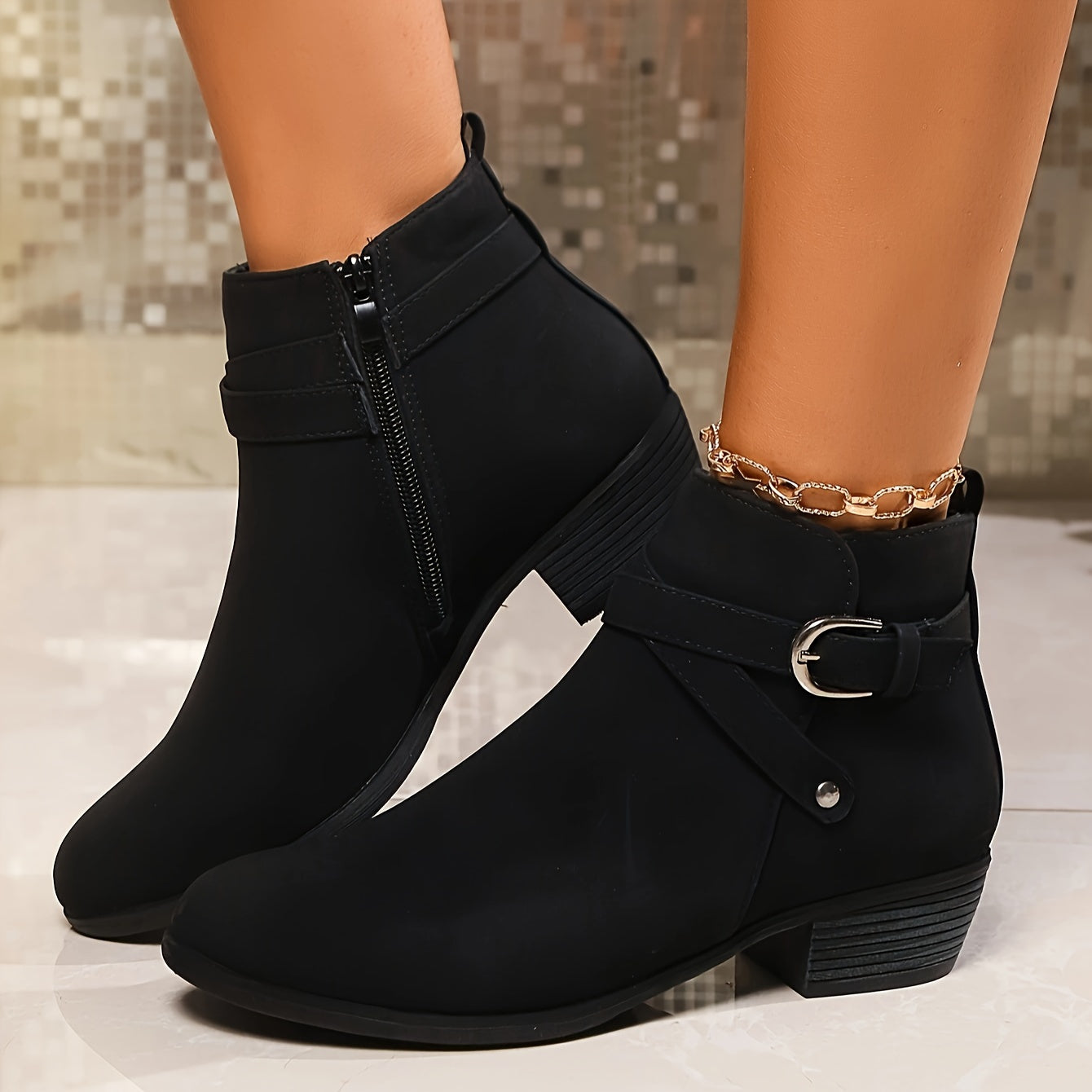 Women's Nude Short Ankle Boots Low Heel Side Zipper