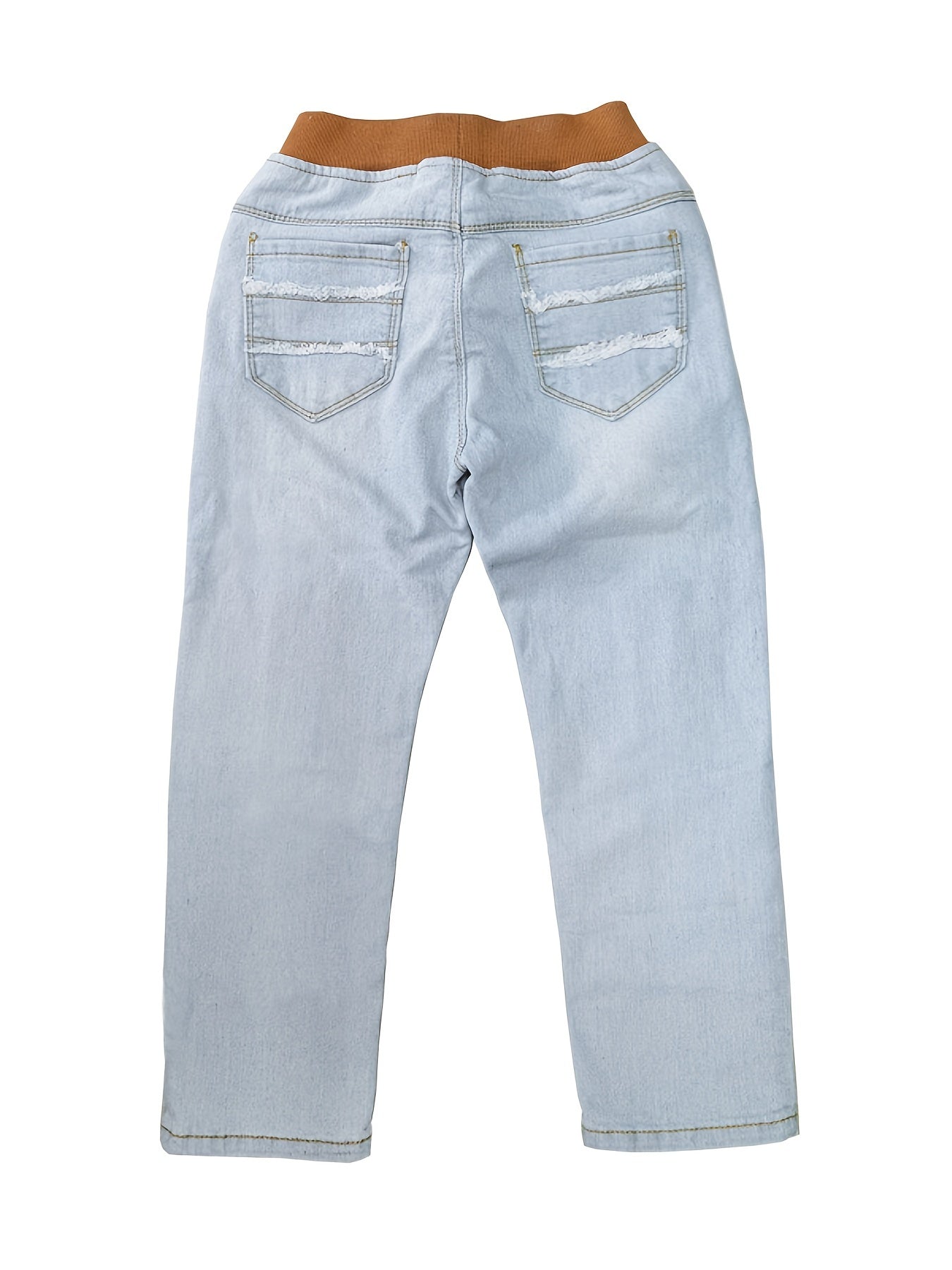 Yoshlar uchun elastik belbog'li denim shimlar, yamoqlar va cho'ntaklar bilan, o'g'il bolalar va qizlar uchun