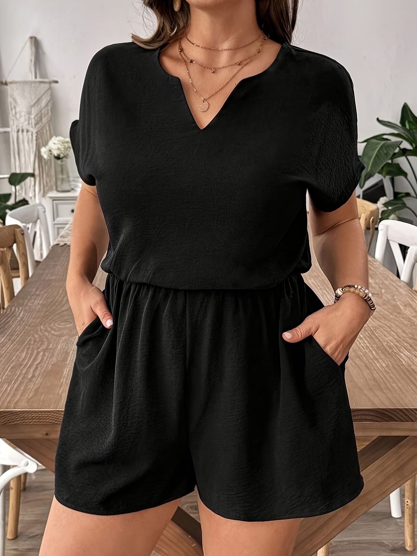 Plus Size Women's V-Neck Short Sleeve Jumpsuit Black Summer Romper