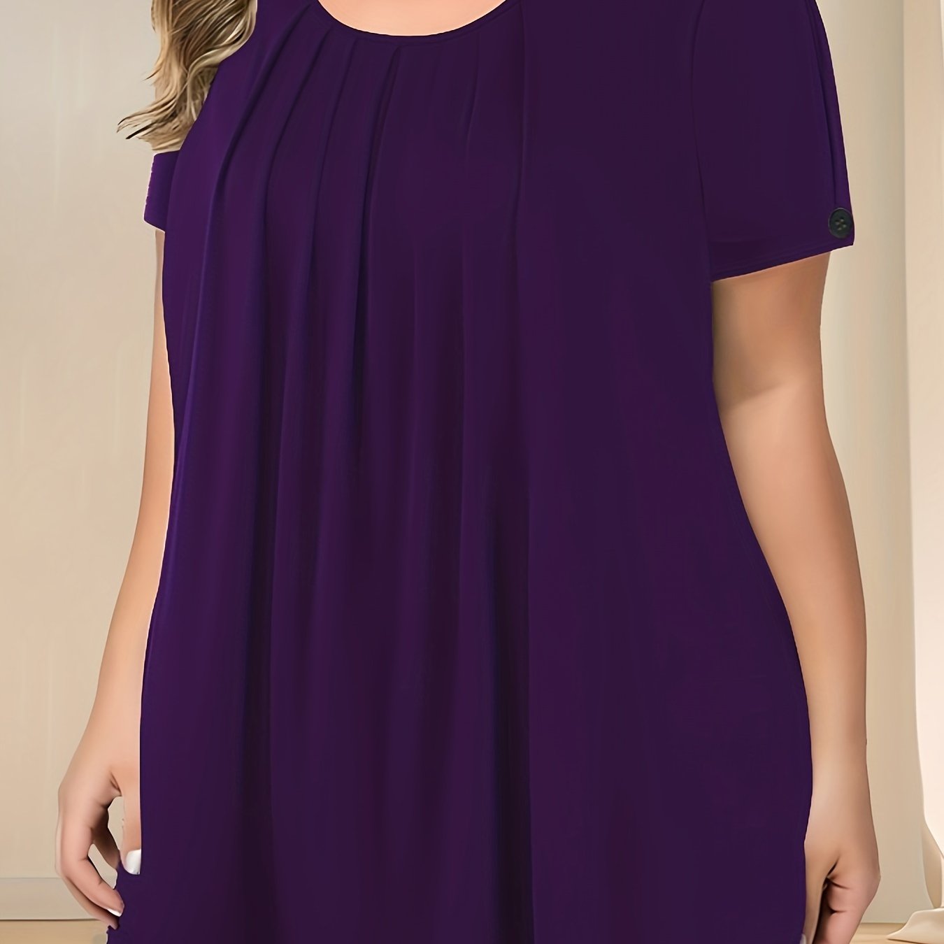 Camiseta de mujer de talla grande con pliegues y botones, verano casual de color sólido con cuello redondo