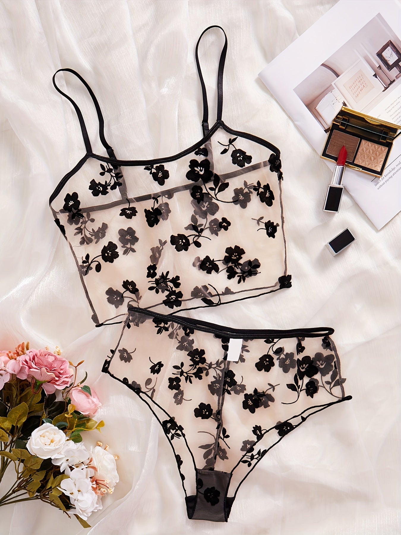 Women's Black Mesh Garter Bra Set with Pure Desire Print