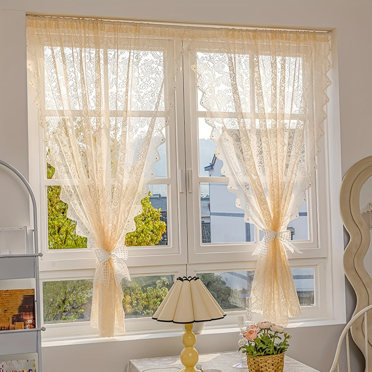 Cortina de tubo con flores pequeñas, con cuentas y encaje para cocina, dormitorio, sala de estar