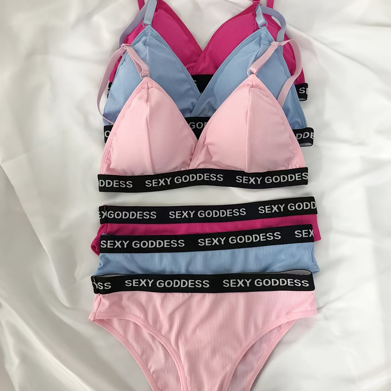 Women’s Letter Print Lingerie Set with Wireless Bra and Ribbed Panties