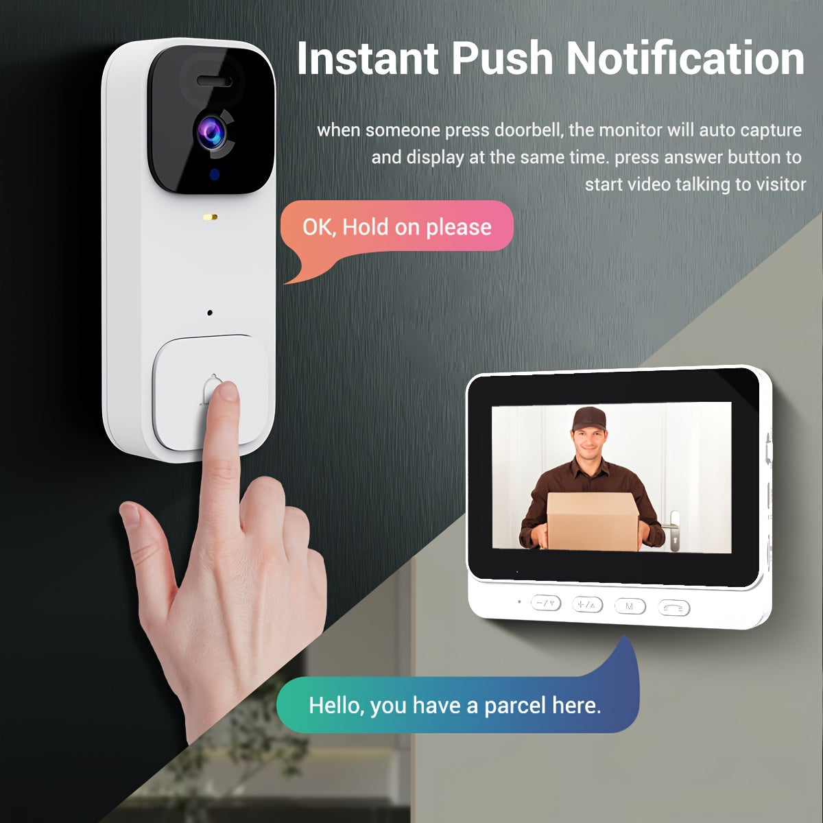 Wireless Video Doorbell with 480P Camera 10.92cm Screen Indoor Monitoring SD Card Support