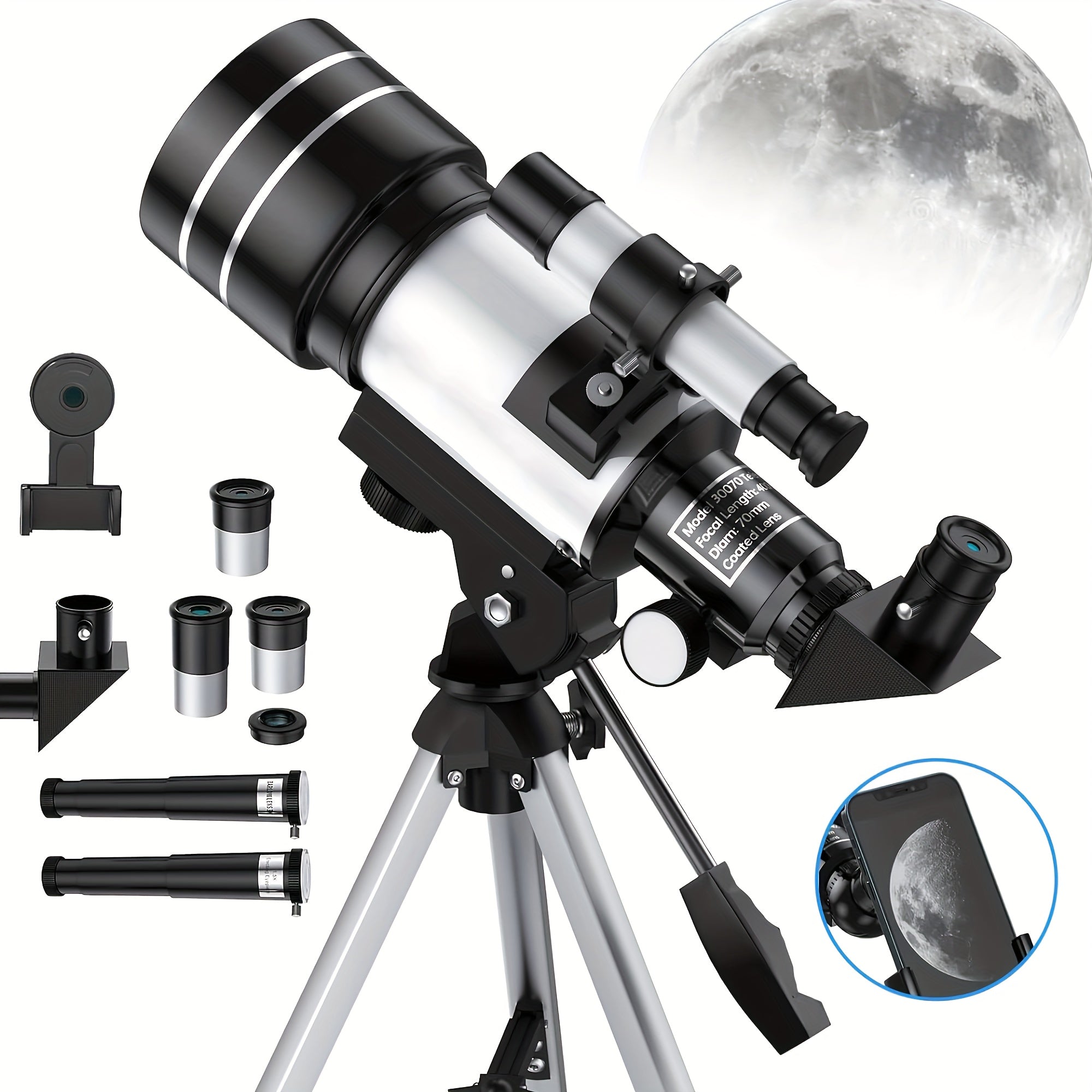 70mm Aperture Astronomical Refractor Telescope for Adults with 300mm Tripod and Phone Adapter