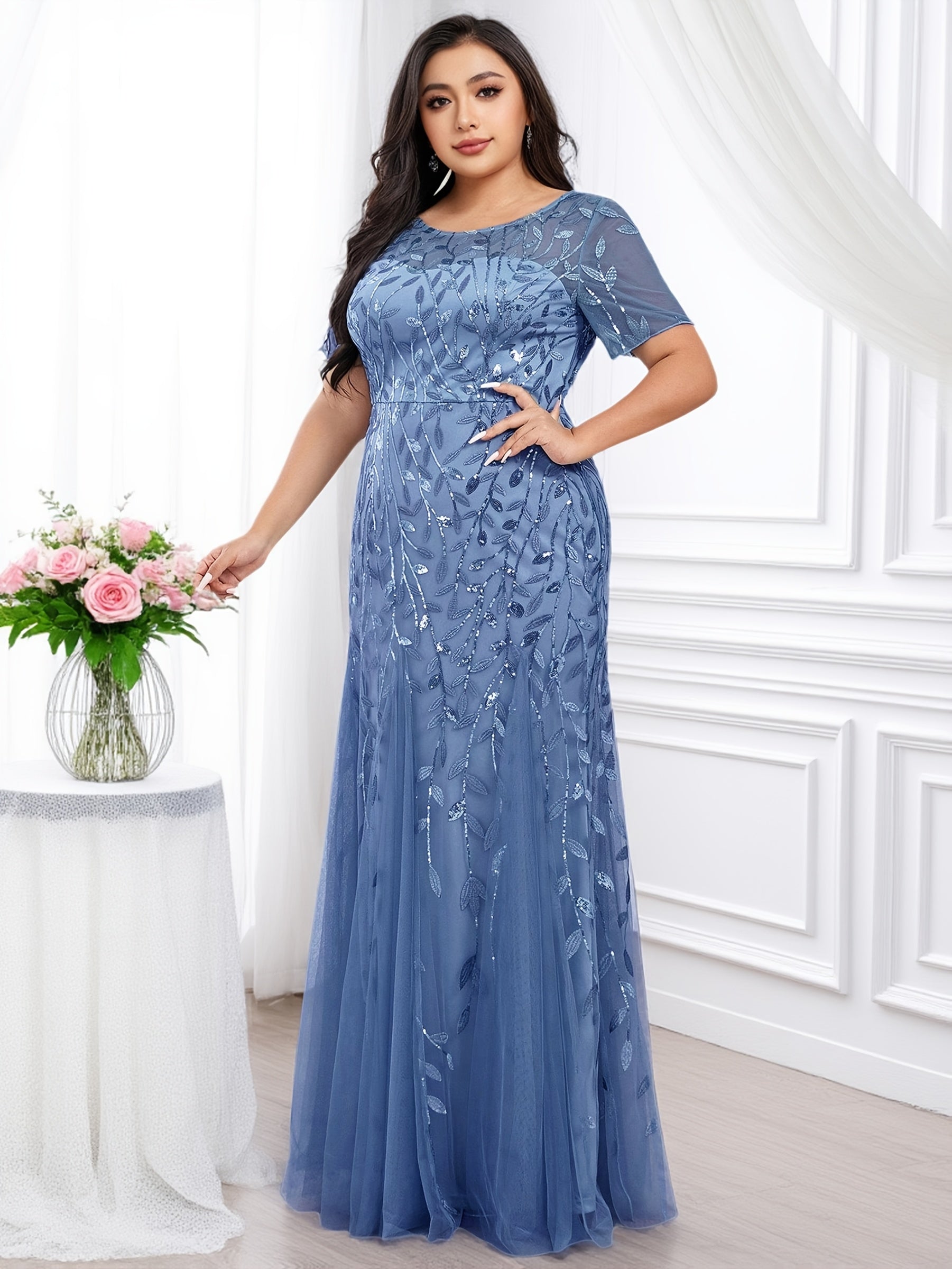 Plus Size Women’s Mermaid Evening Gown Sparkling Sequin Short Sleeves