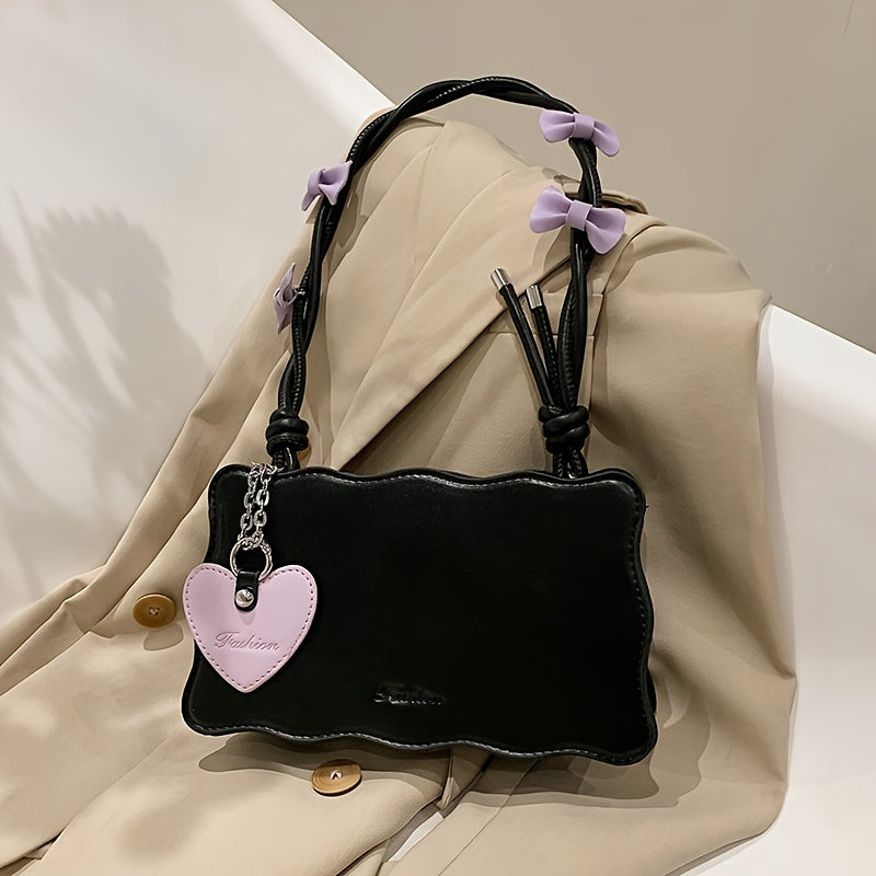 PU Leather Baguette Shoulder Bag with Butterfly Bow Accents Water-Resistant Zipper Closure