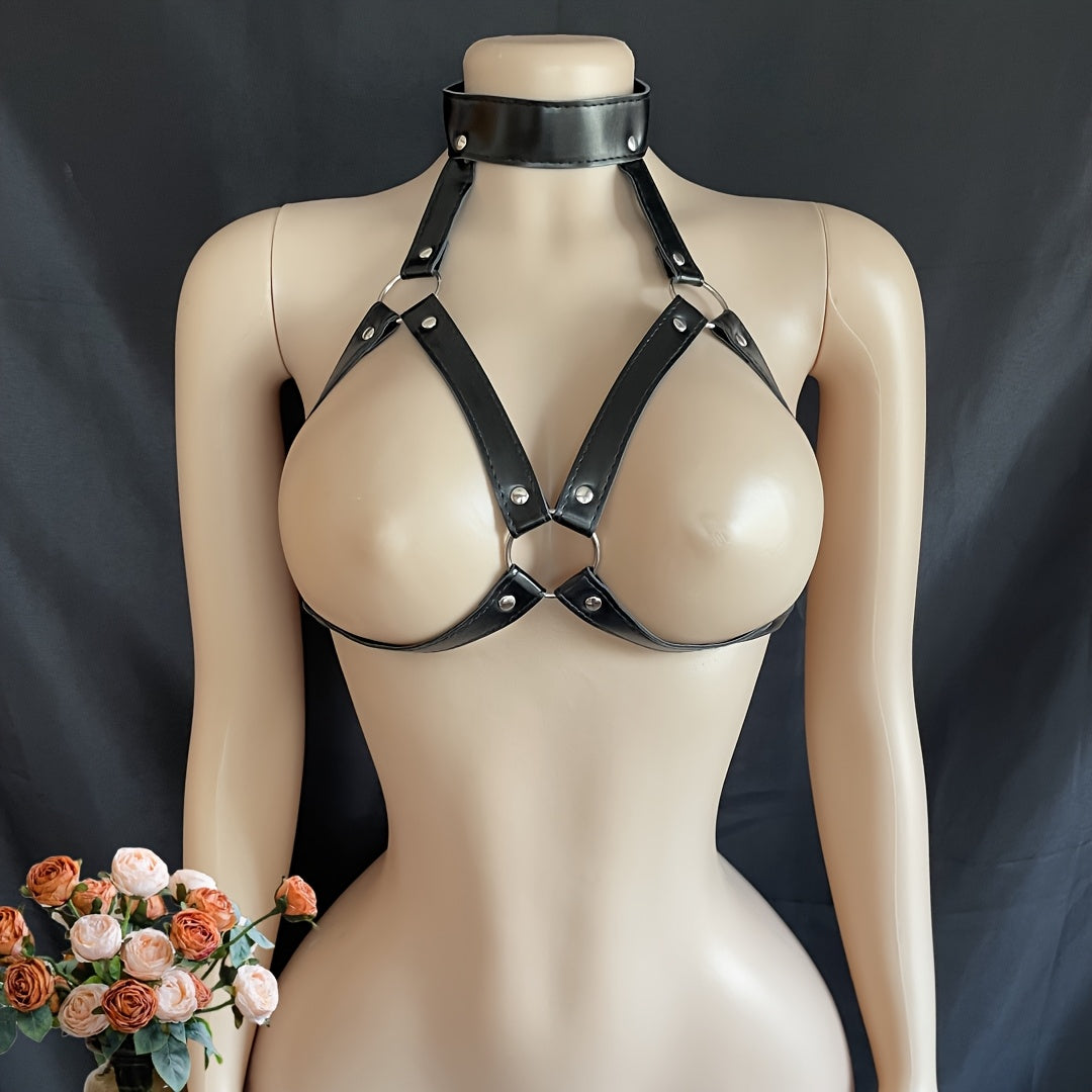 Ayollar uchun sozlanadigan bog‘lovchi qafasli bo‘yinbog‘i va ko‘krak qafasi, qora charm ko‘rinishida, metall halqalar bilan