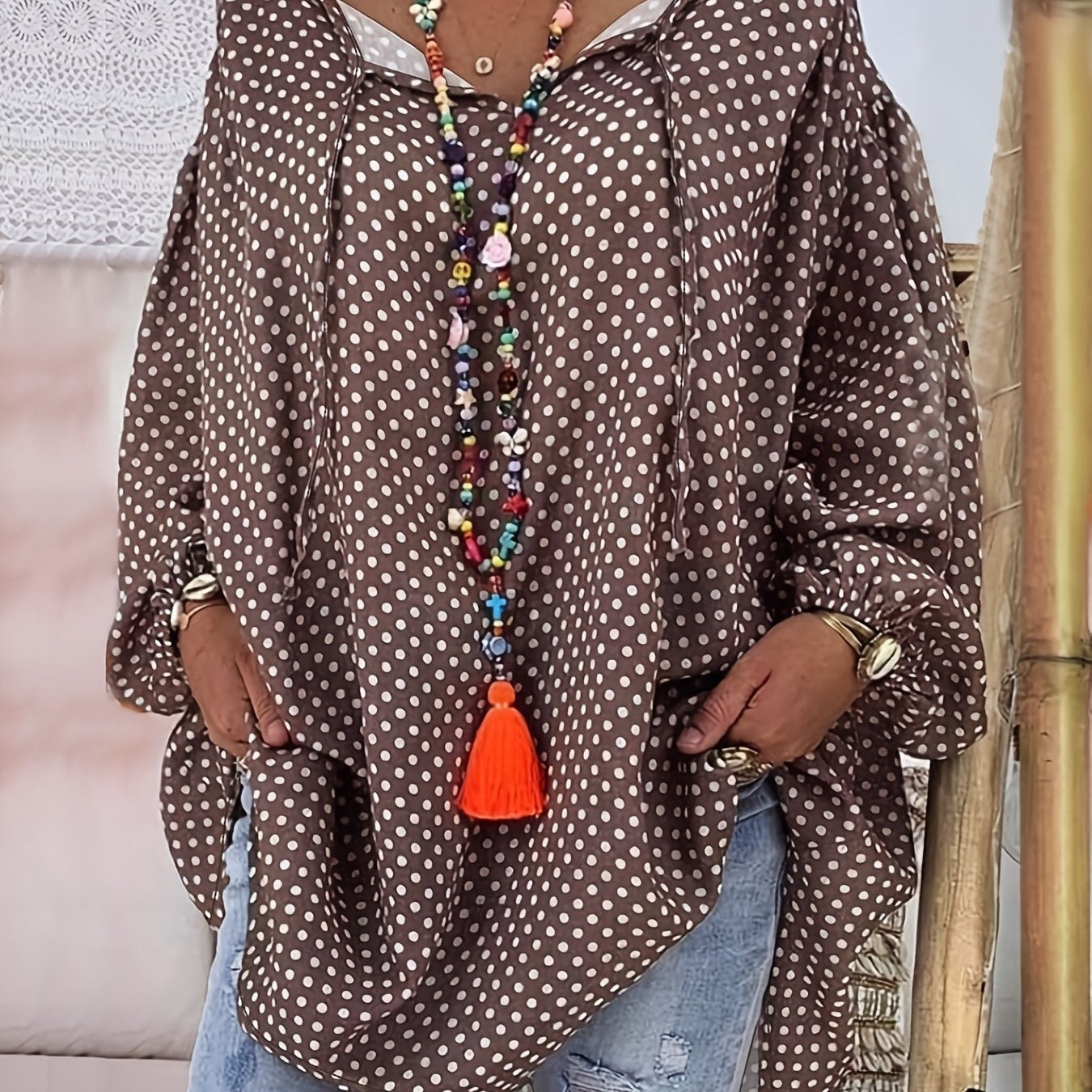 Plus Size Women's Casual V-Neck Tie Front Blouse Blue White Polka Dots