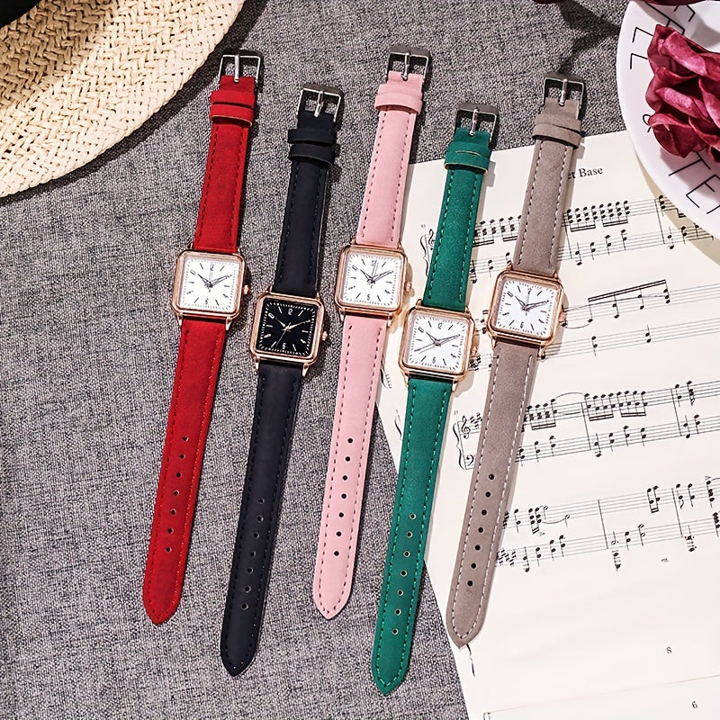 Women's Casual Square Quartz Watch with Luminous Dial and PU Leather Band