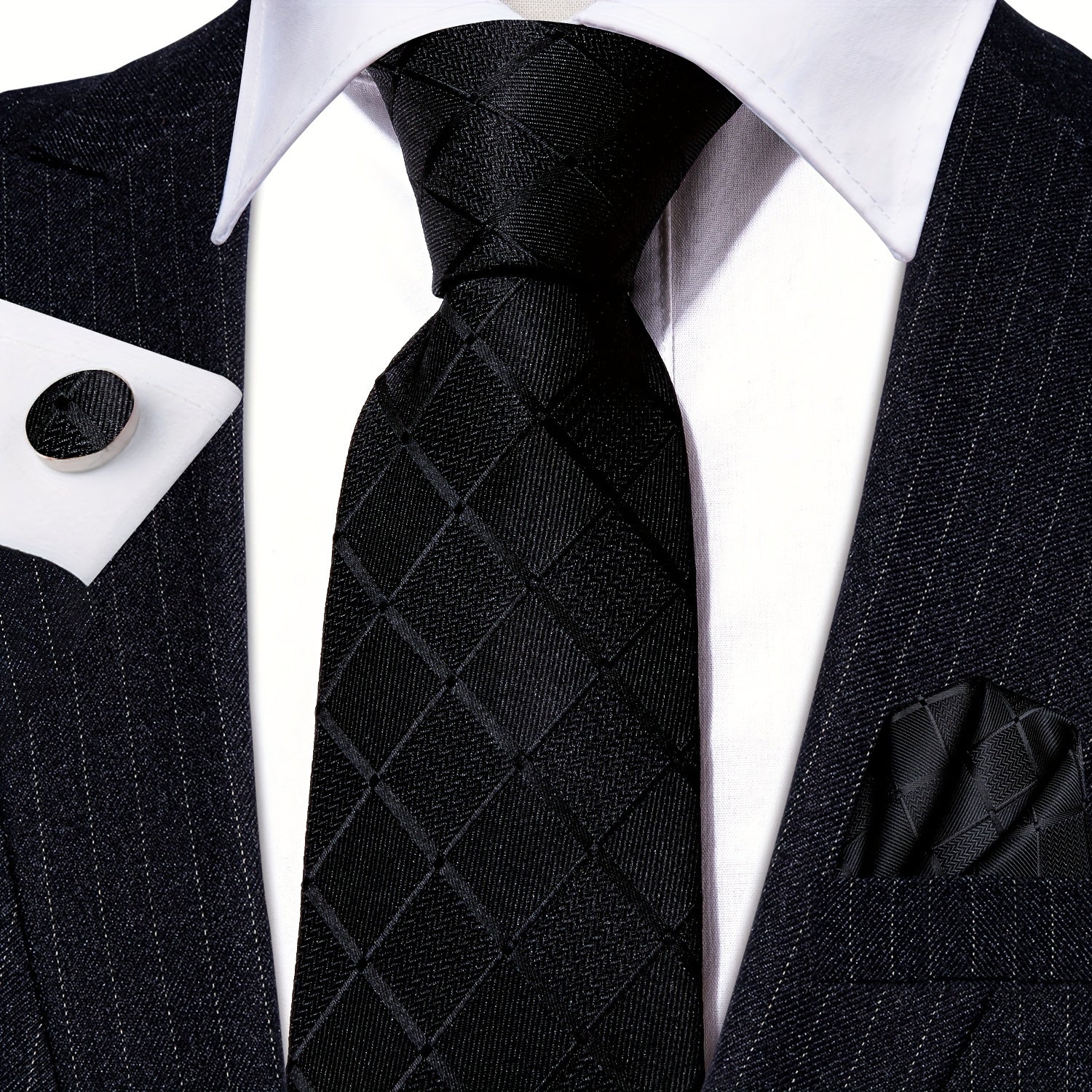 Perfect Gift: Matching Black Plaid Jacquard Tie, Cufflinks, and Pocket Square Towel Set for Parties, Weddings, and Proms
