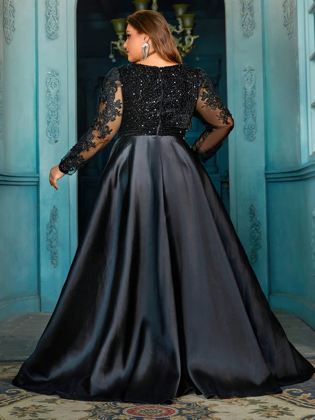 Plus Size V-Neck Long Gown with Rhinestone Embellishments Formal Evening Dress