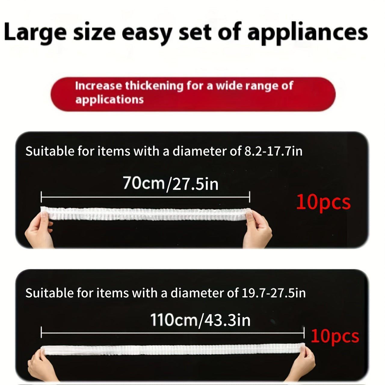 Uy jihozlari uchun plastik chang qoplamalari: Bir marta foydalanish uchun, 20 ta yoki 100 ta to'plamda mavjud. Jihozlar 20.83-44.96 sm ga mos keladi. Oshxona uskunalari, changyutgichlar va ta'minotlarni himoya qiladi.