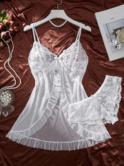 Women's Lace Nightdress Polyester Knit Sleepwear with Contrast Lace Details