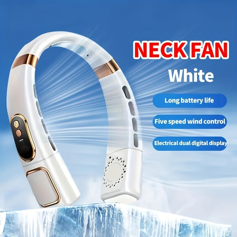 Unisex Portable Neck Fan with Digital Display 7-Color LED 5-Speed Rechargeable Battery for Travel and Sports