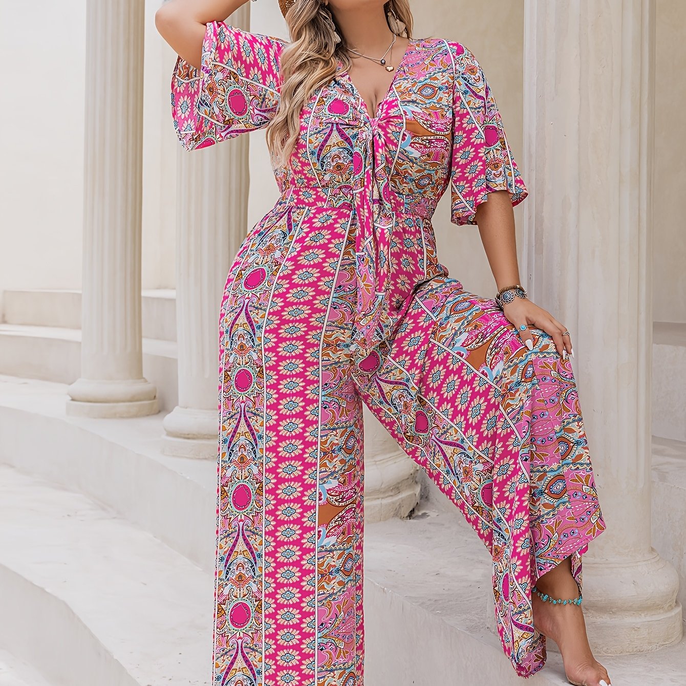 Plus Size Women's Bohemian Floral Print V-Neck Jumpsuit Long Sleeve