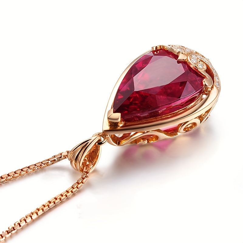 Water Drop-Shaped Rose Gold Pendant Necklace with Pigeon Blood Red and Sapphire Stones for Women