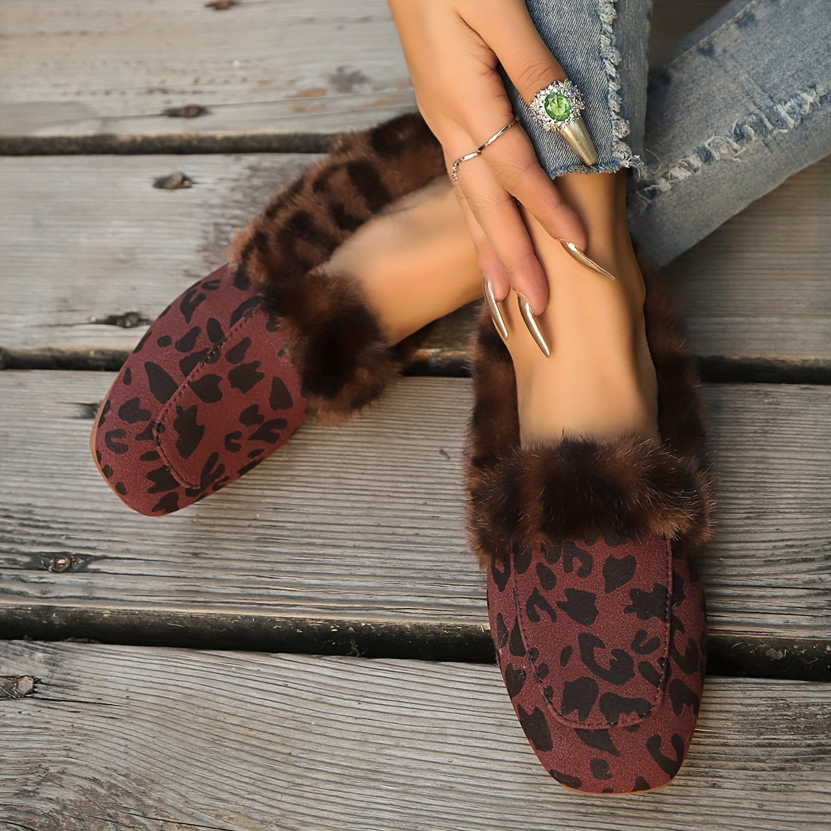 Women’s Leopard Print Plush Slippers Warm Faux Fur Indoor Shoes