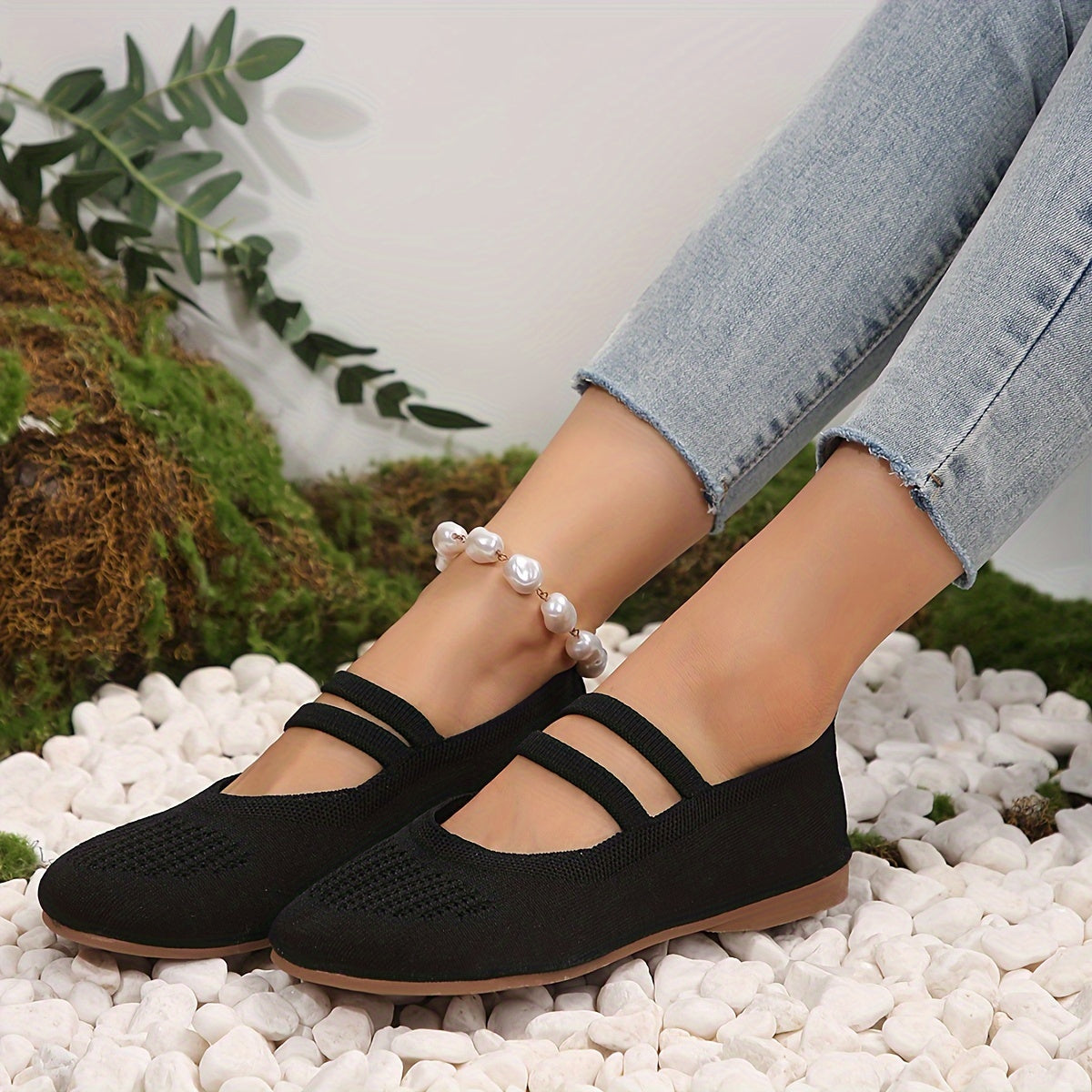 Women's Knitted Flats Ankle Band Breathable Slip-On Shoes