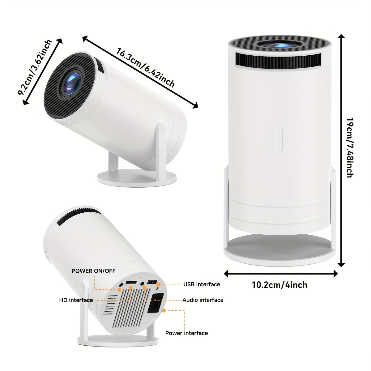 Mini portativ proyektor 1080P 180° buriladigan 3.3m ekran oq