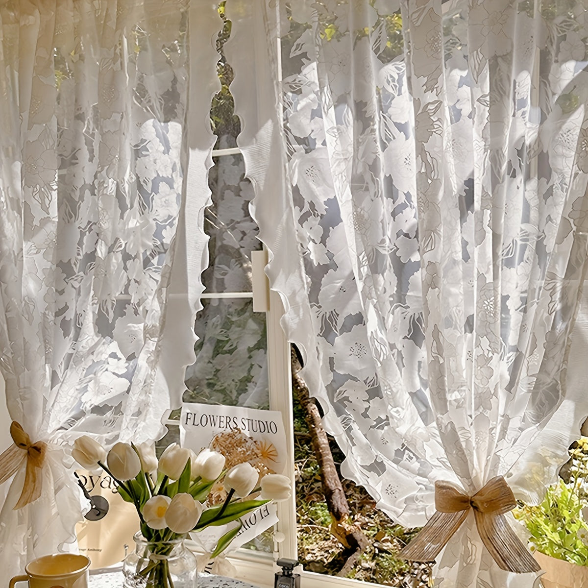 White Yarn Curtain with Rose Flower Design for Bedroom Living Room Balcony Windows