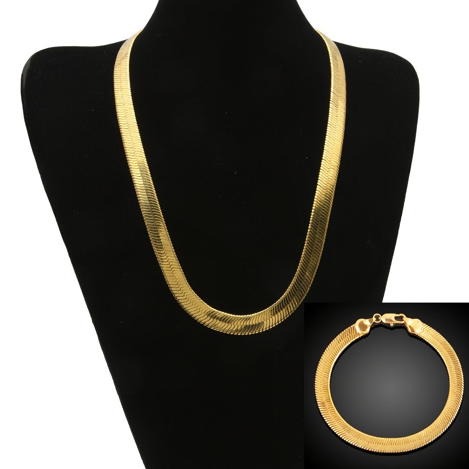 Men's Gold-Tone Flat Herringbone Necklace and Bracelet Set Jewelry Accessories