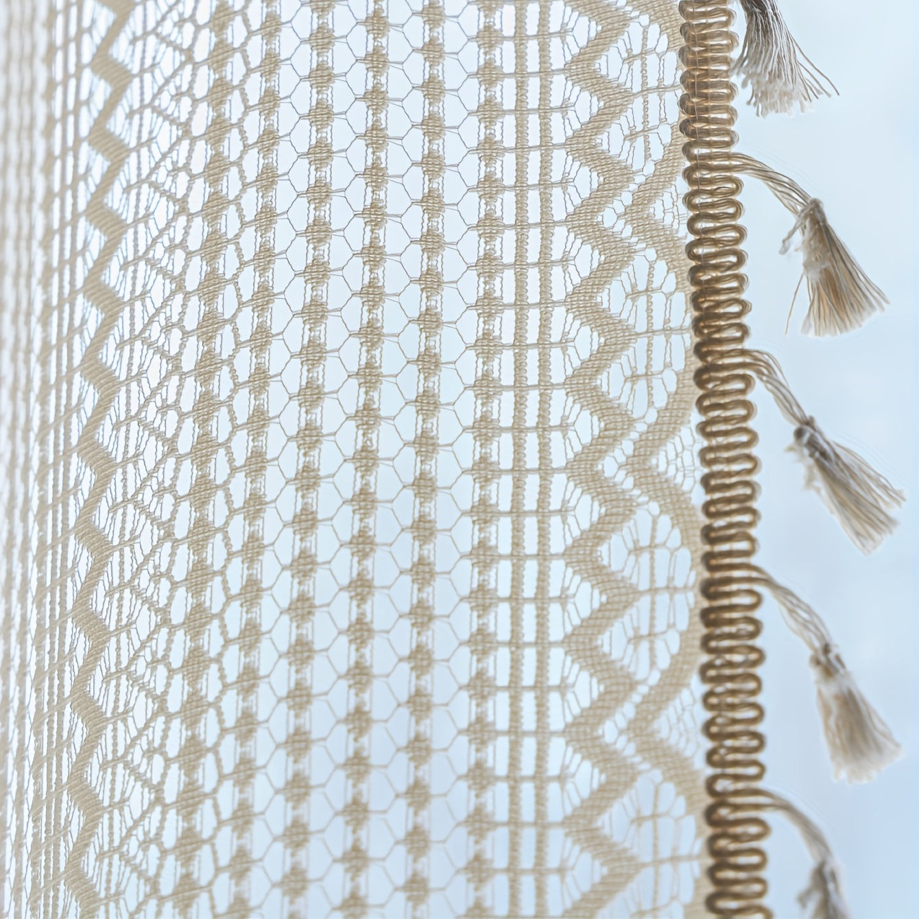 Beige Crochet Fringe Curtain UV Protection Rod Pocket for Living Room Bedroom