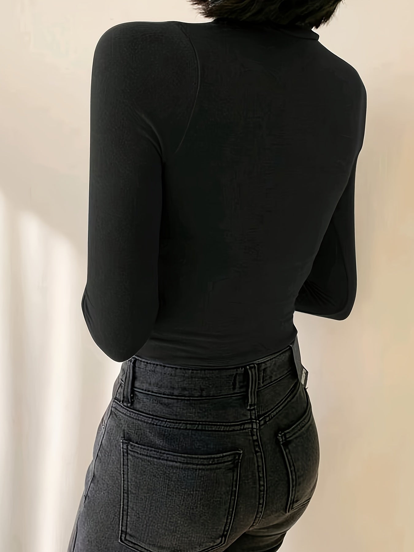 Cuello alto ajustado para mujer de manga larga de color sólido con mezcla de poliéster elástico para otoño primavera