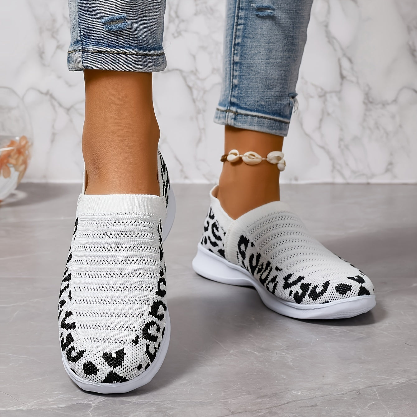 Women's Leopard Print Slip-On Mary Jane Sneakers Breathable EVA Cushioned Sole